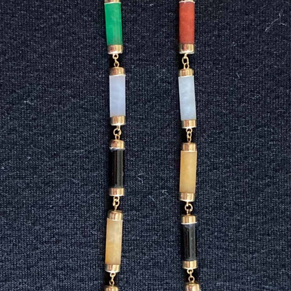 14K Gold Capped 18 Tubular Segmented Multi Color 18" Jade Necklace